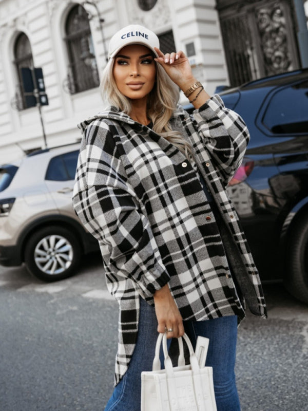 Plaid Hooded Shacket for Fall Houndstooth Shirt Jacket Shackets | Chuzko.com