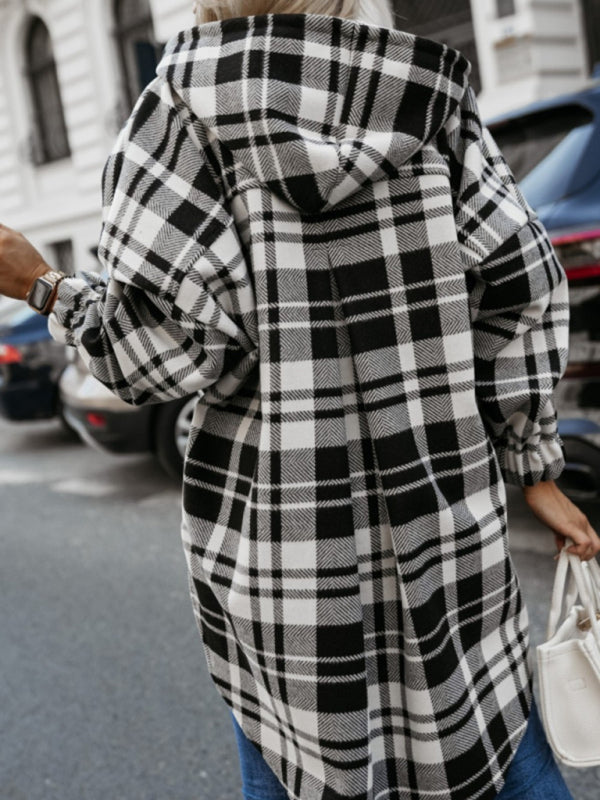 Plaid Hooded Shacket for Fall Houndstooth Shirt Jacket Shackets | Chuzko.com