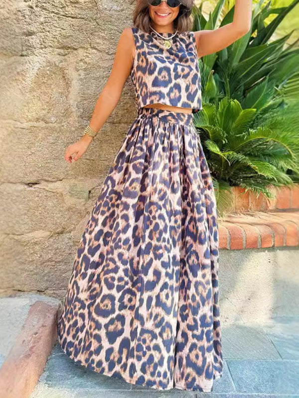 Leopard Print Maxi Skirt & Crop Top Set 2 Piece Outfit Matching | Chuzko.com