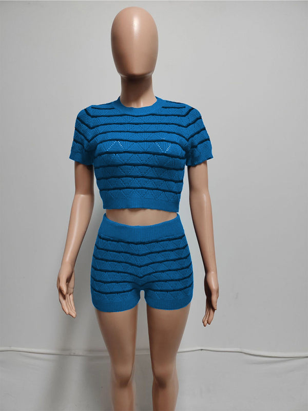 Striped Knit Crop Top & Shorts Set Matching Sets | Chuzko.com