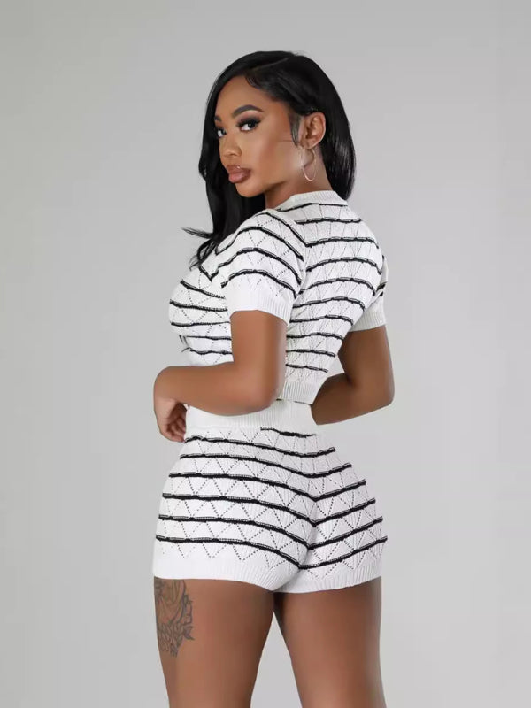 Striped Knit Crop Top & Shorts Set Matching Sets | Chuzko.com