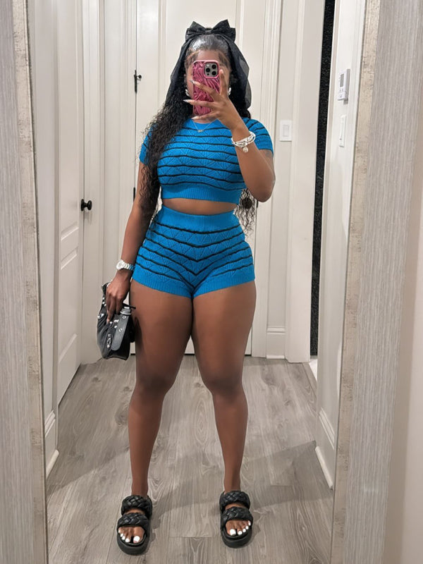 Striped Knit Crop Top & Shorts Set Matching Sets | Chuzko.com