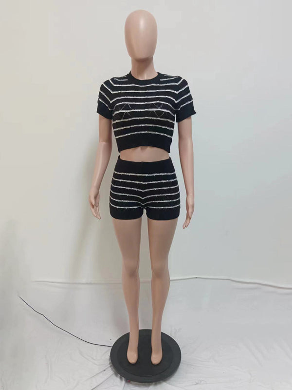 Striped Knit Crop Top & Shorts Set Matching Sets | Chuzko.com