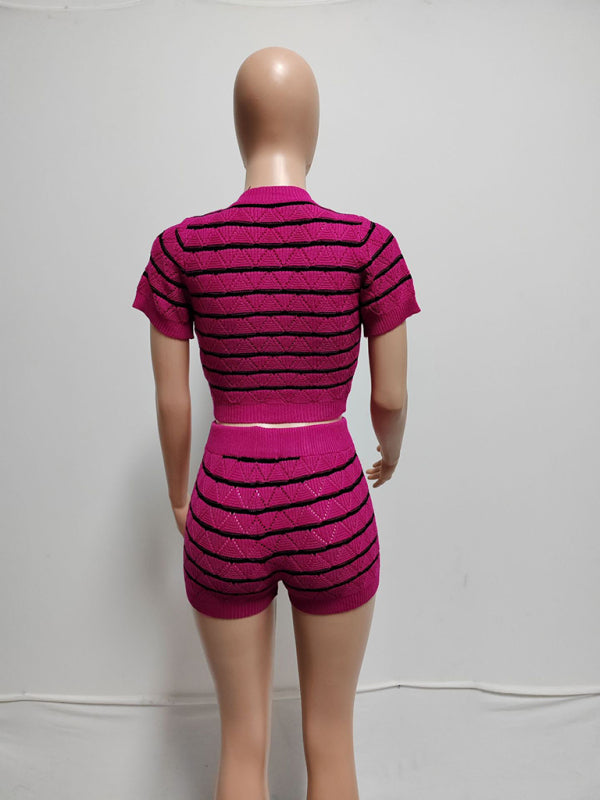 Striped Knit Crop Top & Shorts Set Matching Sets | Chuzko.com