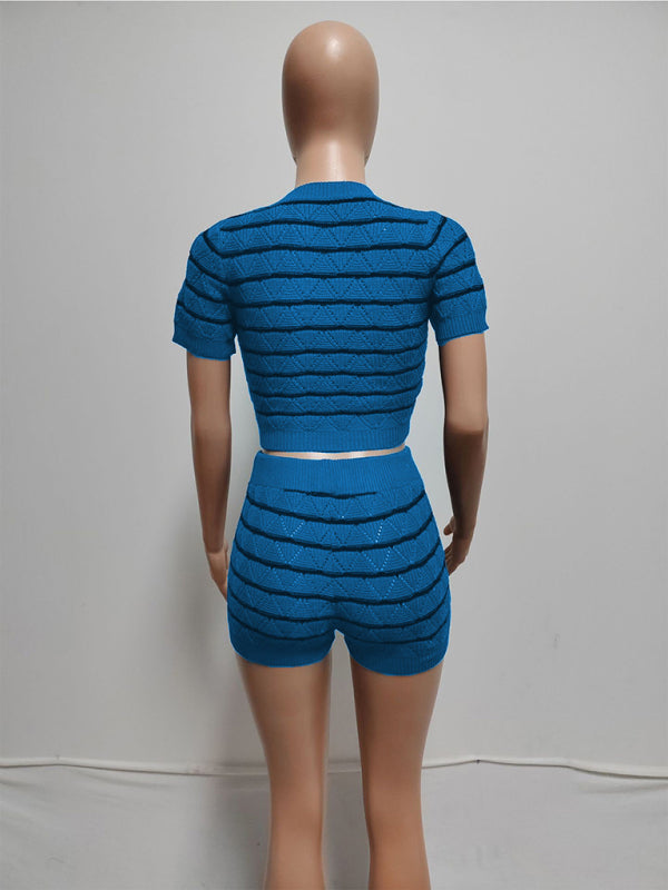 Striped Knit Crop Top & Shorts Set Matching Sets | Chuzko.com