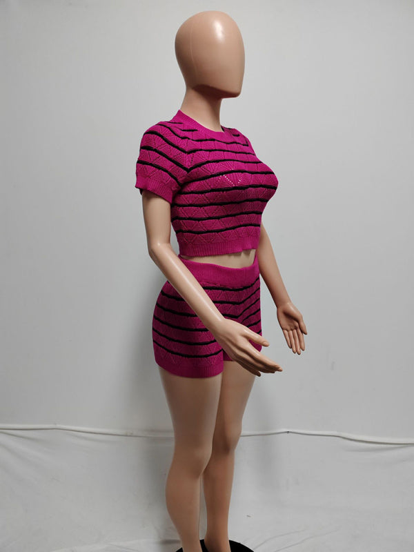 Striped Knit Crop Top & Shorts Set Matching Sets | Chuzko.com