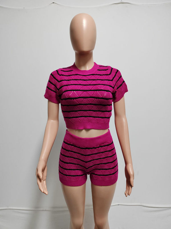 Striped Knit Crop Top & Shorts Set Matching Sets | Chuzko.com