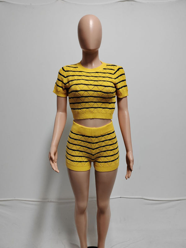 Striped Knit Crop Top & Shorts Set Matching Sets | Chuzko.com