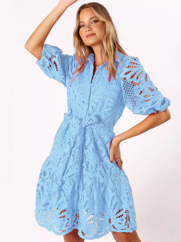 Floral Lace Overlay Shirt Dress with Belt Cocktail Dresses | Chuzko.com