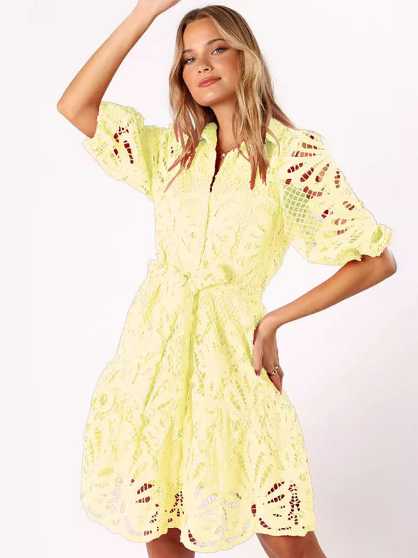 Floral Lace Overlay Shirt Dress with Belt Cocktail Dresses | Chuzko.com