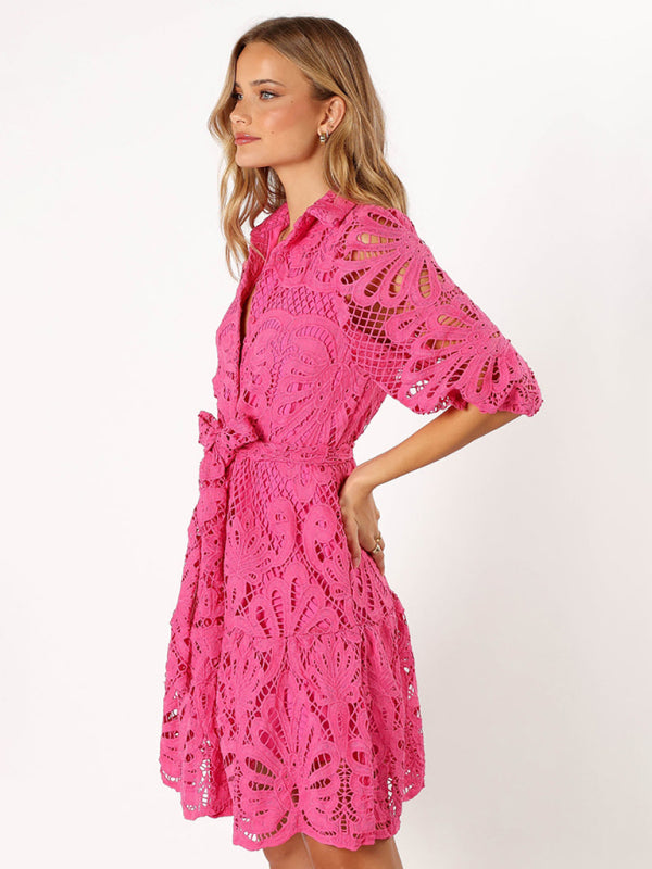 Floral Lace Overlay Shirt Dress with Belt Cocktail Dresses | Chuzko.com