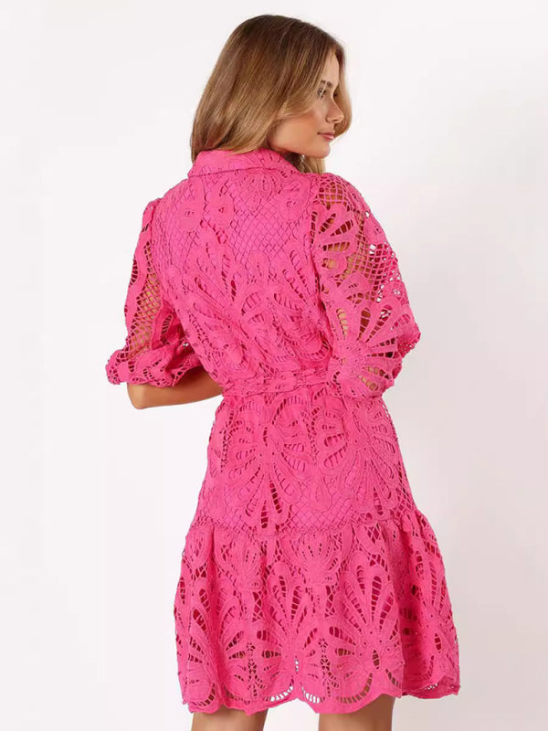 Floral Lace Overlay Shirt Dress with Belt Cocktail Dresses | Chuzko.com