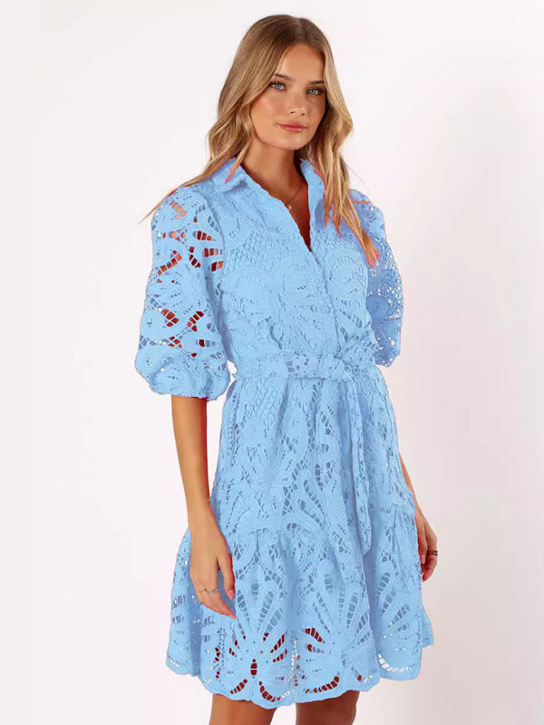 Floral Lace Overlay Shirt Dress with Belt Cocktail Dresses | Chuzko.com