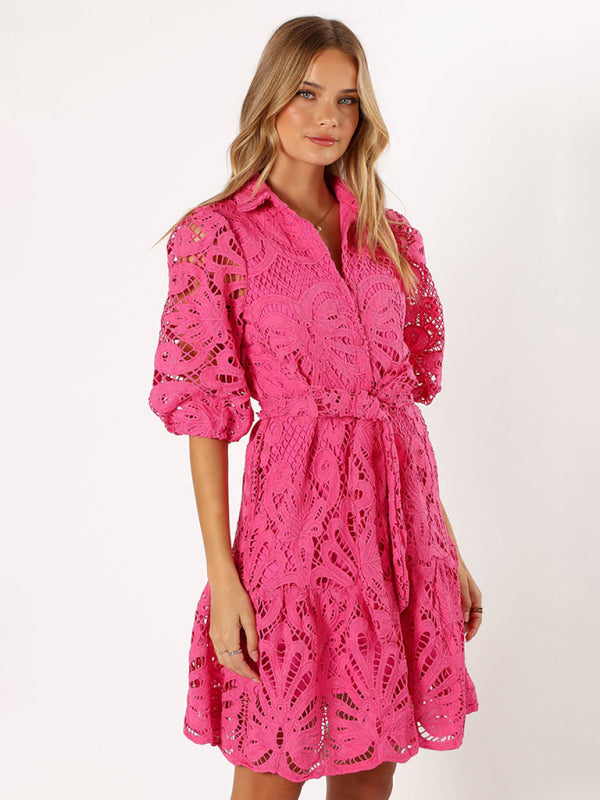 Floral Lace Overlay Shirt Dress with Belt Cocktail Dresses | Chuzko.com