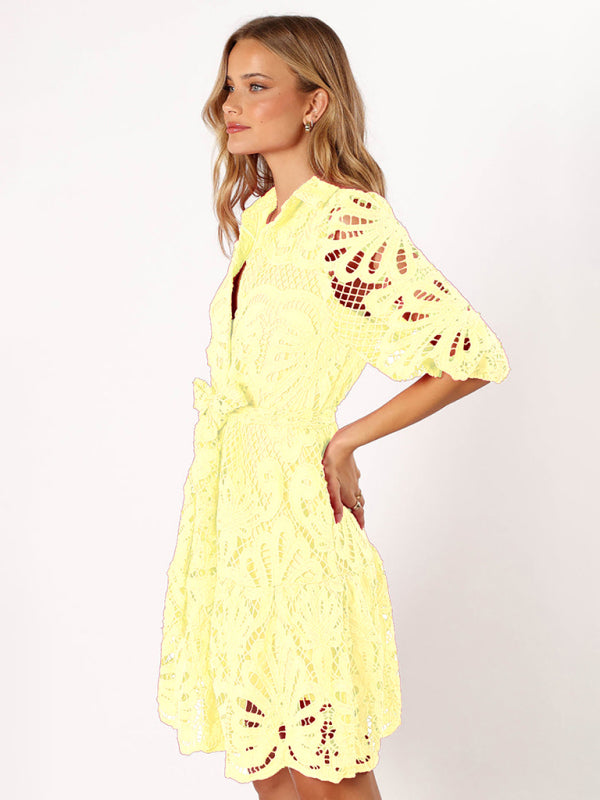 Floral Lace Overlay Shirt Dress with Belt Cocktail Dresses | Chuzko.com