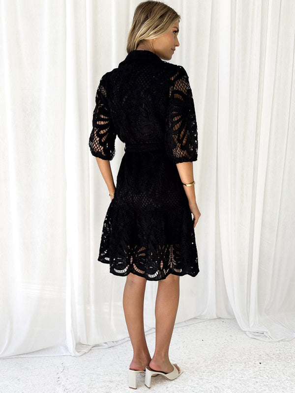 Floral Lace Overlay Shirt Dress with Belt Cocktail Dresses | Chuzko.com