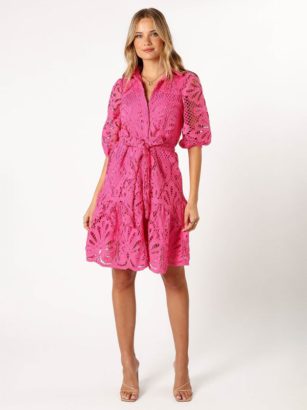 Floral Lace Overlay Shirt Dress with Belt Cocktail Dresses | Chuzko.com