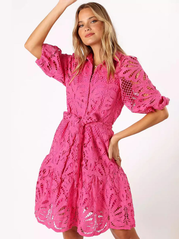 Floral Lace Overlay Shirt Dress with Belt Cocktail Dresses | Chuzko.com