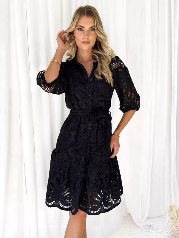 Floral Lace Overlay Shirt Dress with Belt Cocktail Dresses | Chuzko.com