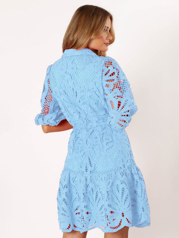 Floral Lace Overlay Shirt Dress with Belt Cocktail Dresses | Chuzko.com