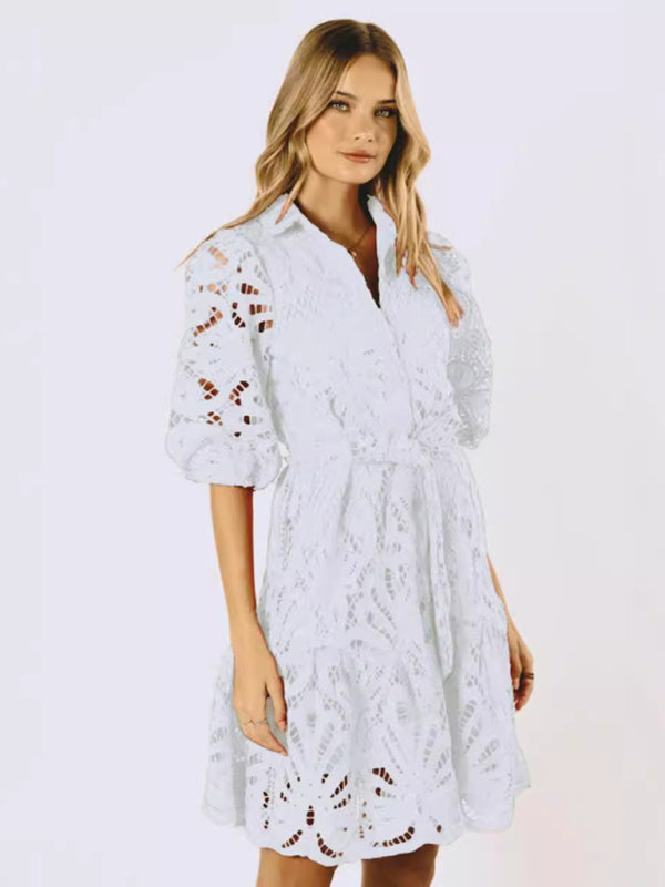 Floral Lace Overlay Shirt Dress with Belt Cocktail Dresses | Chuzko.com