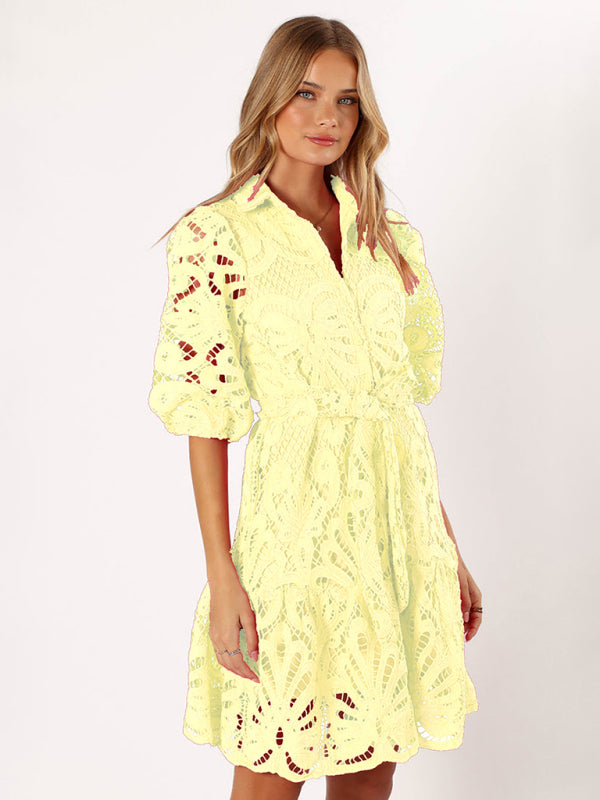 Floral Lace Overlay Shirt Dress with Belt Cocktail Dresses | Chuzko.com