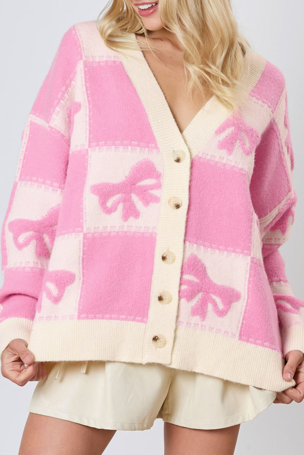 Trendy Pink Checkered Bowknot Cardigan for Women	