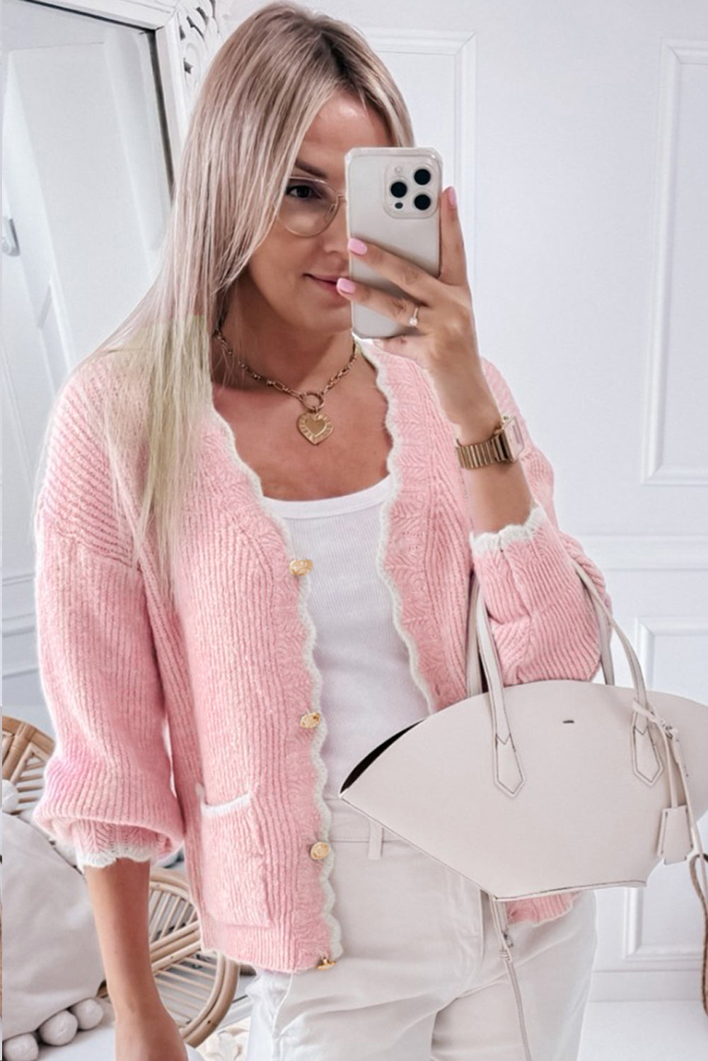 Buttoned Knitwear Scalloped Cardigan Cardigans | Chuzko.com