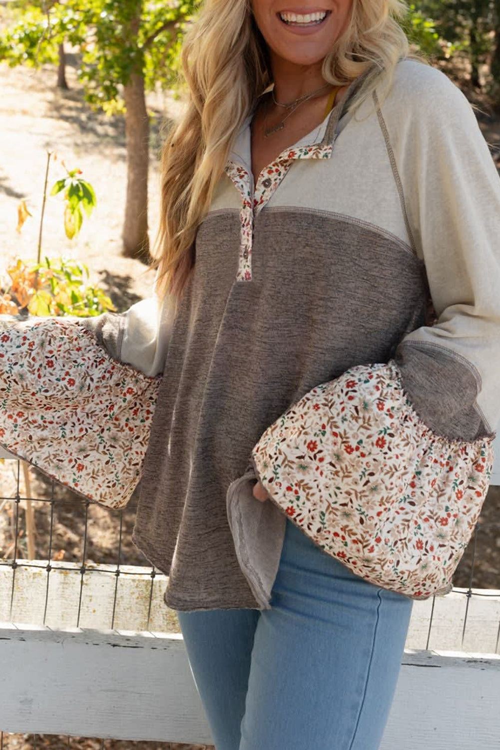 Floral Patchwork Flared Sleeve Henley Top for Fall	