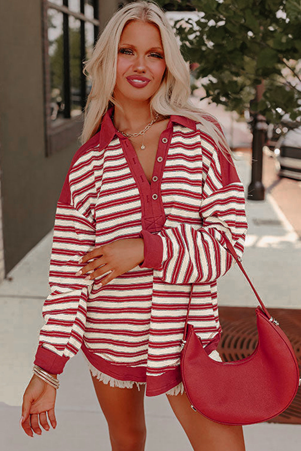 Autumn Casual Stripe V-Neck Button Top Blouses & Shirts | Chuzko.com