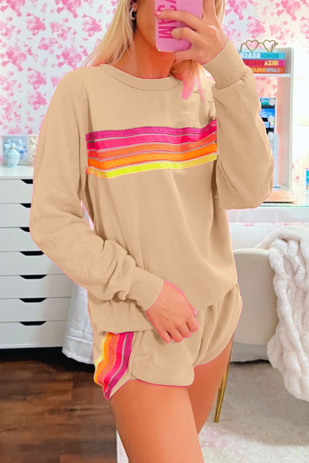 Striped Cotton Lounge Set Pullover & Shorts Short Sets | Chuzko.com