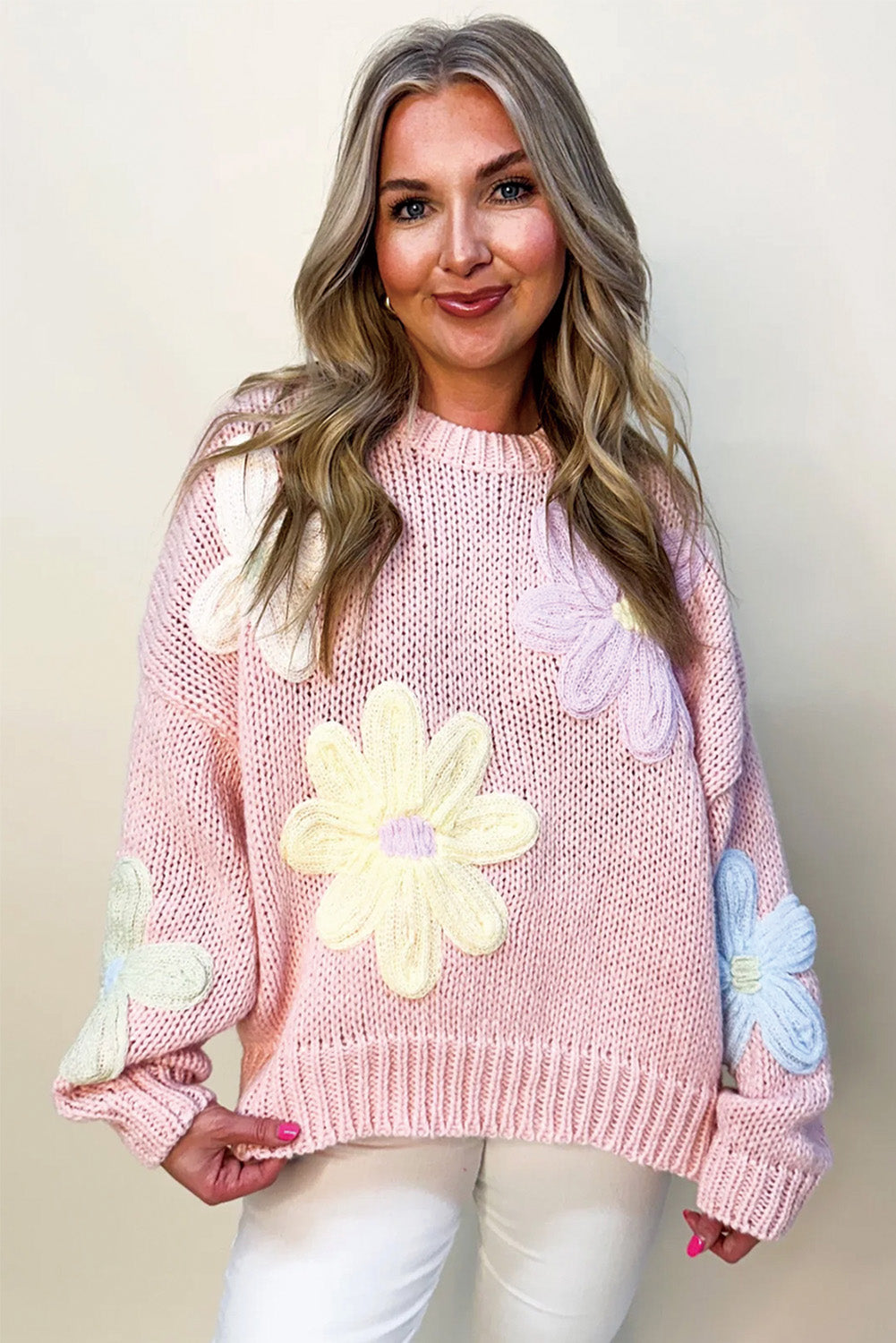 Embroidered Floral Crew Neck Sweater Knit Pullover Sweaters | Chuzko.com