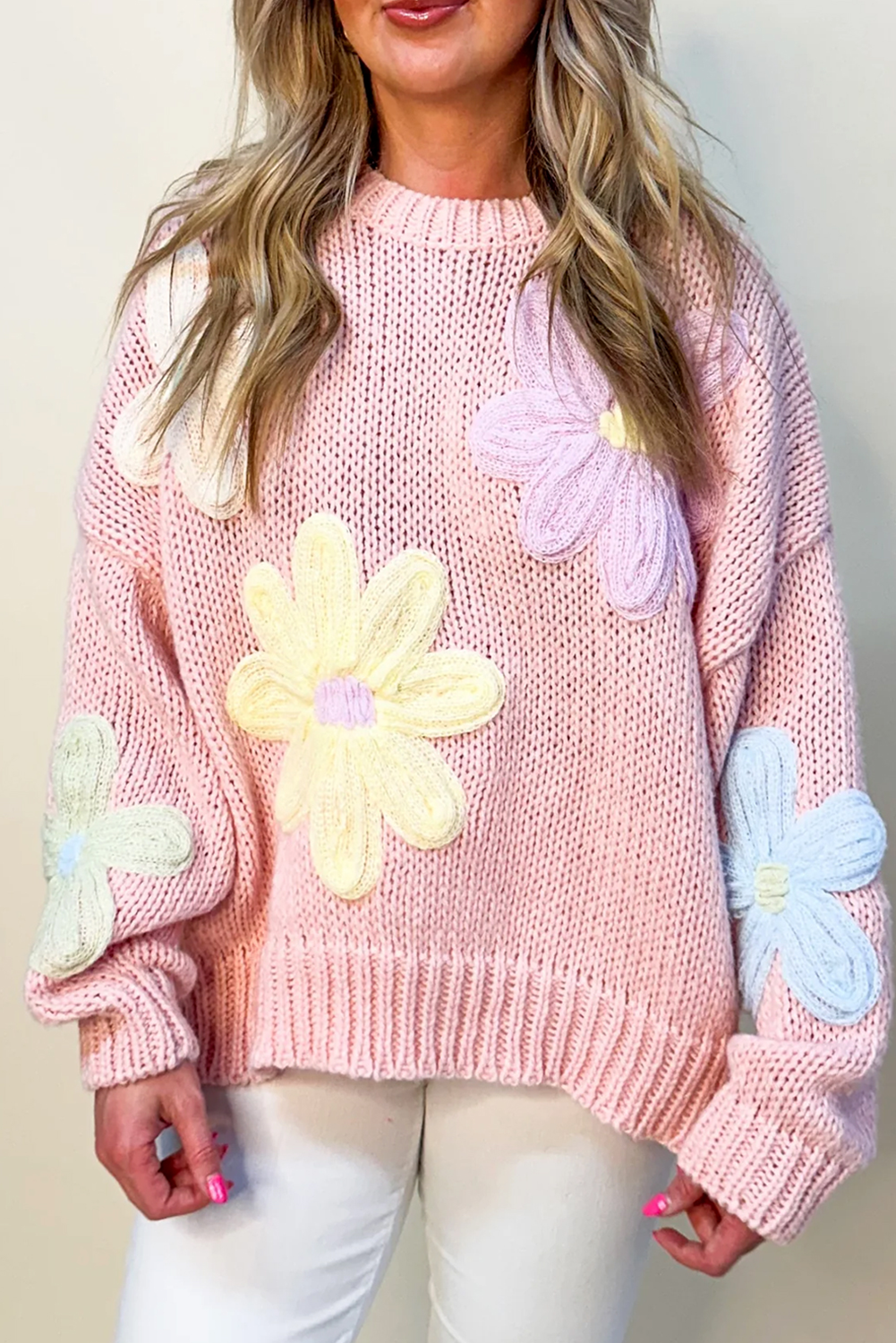 Embroidered Floral Crew Neck Sweater Knit Pullover Sweaters | Chuzko.com