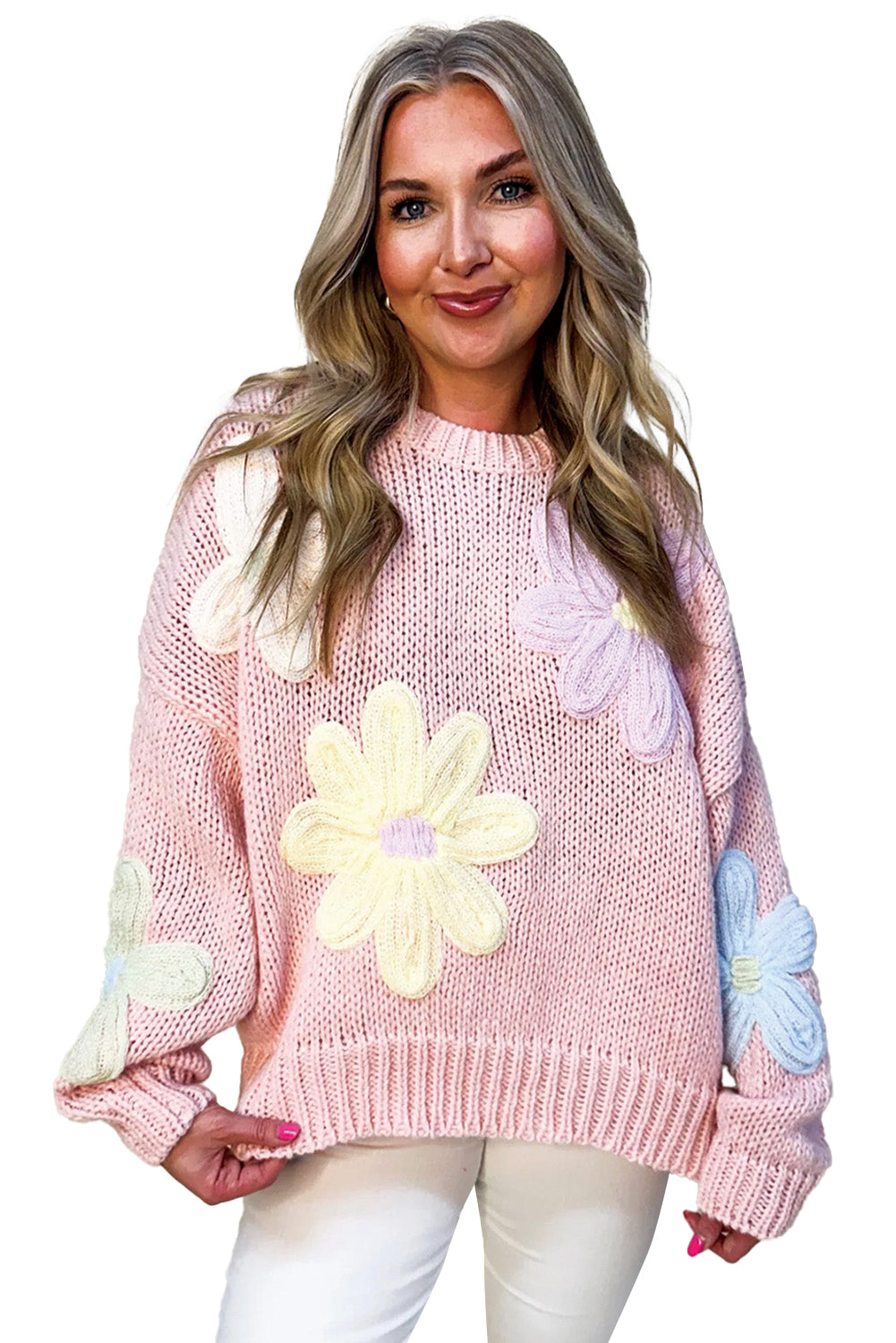 Embroidered Floral Crew Neck Sweater Knit Pullover Sweaters | Chuzko.com