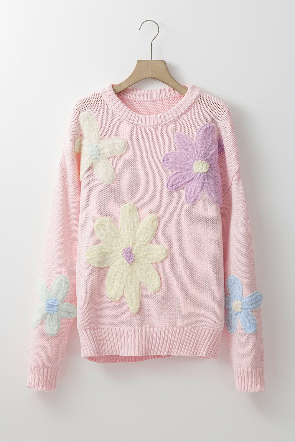 Embroidered Floral Crew Neck Sweater Knit Pullover Sweaters | Chuzko.com