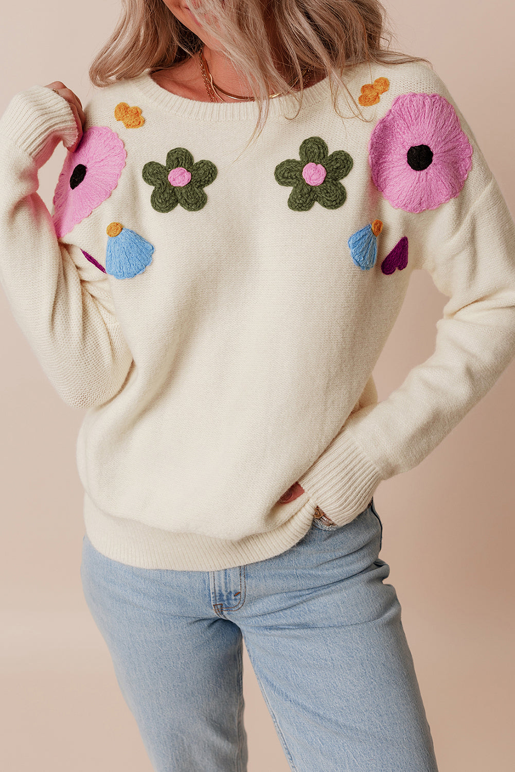 Embroidered Floral Knit Sweater Sweaters | Chuzko.com