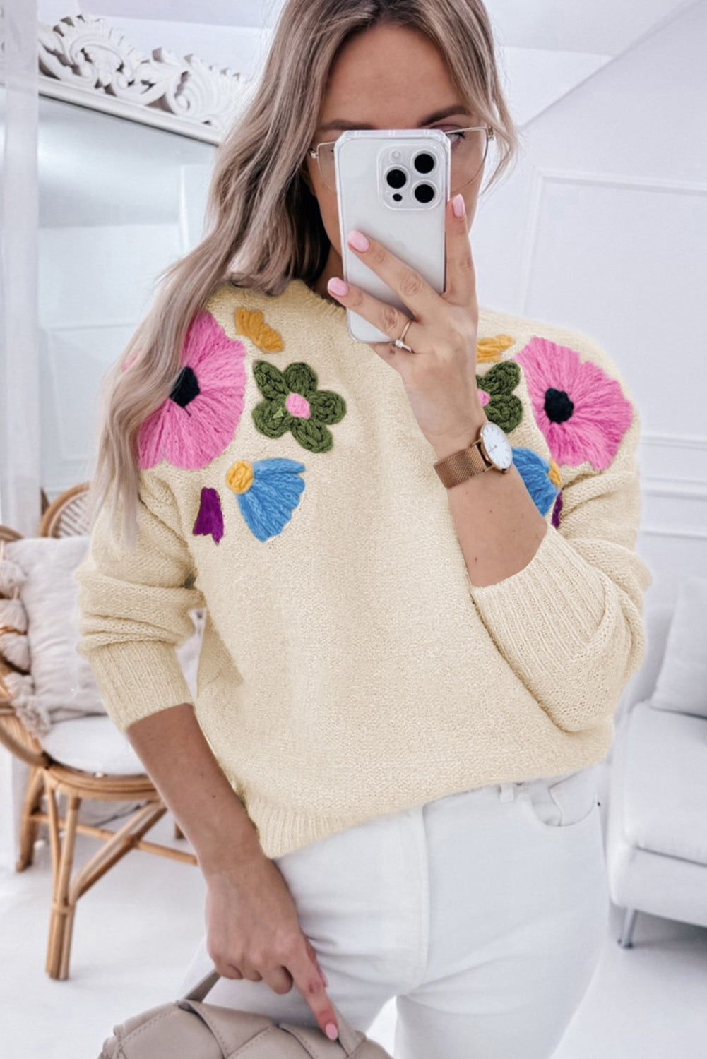 Embroidered Floral Knit Sweater Sweaters | Chuzko.com