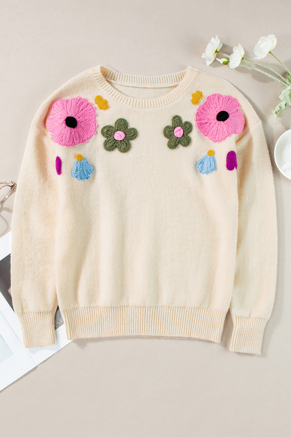 Embroidered Floral Knit Sweater Sweaters | Chuzko.com