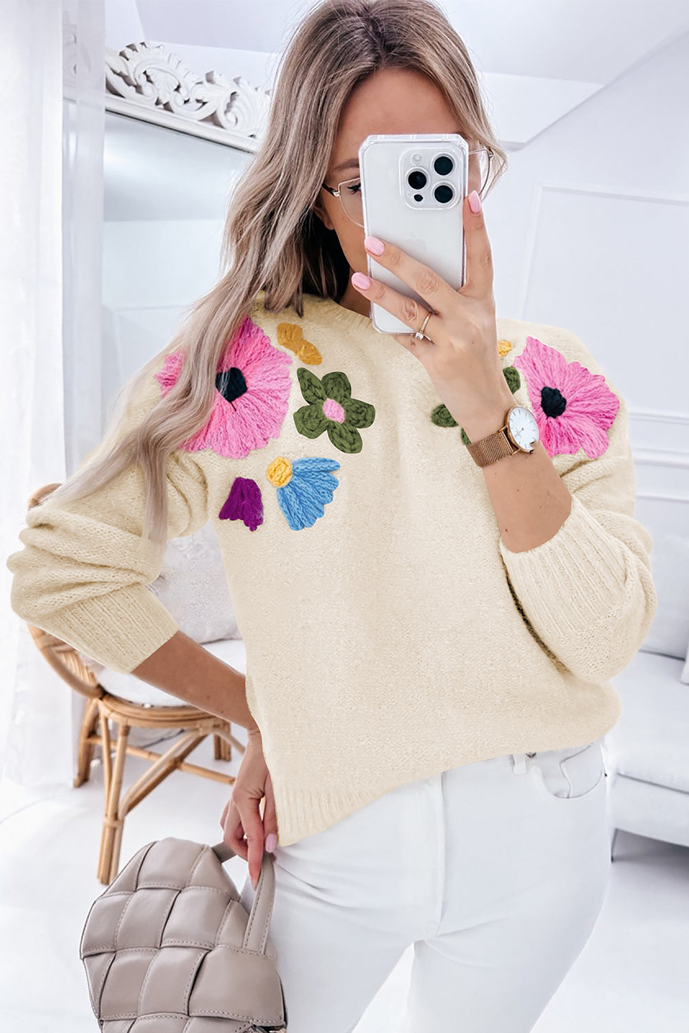 Embroidered Floral Knit Sweater Sweaters | Chuzko.com