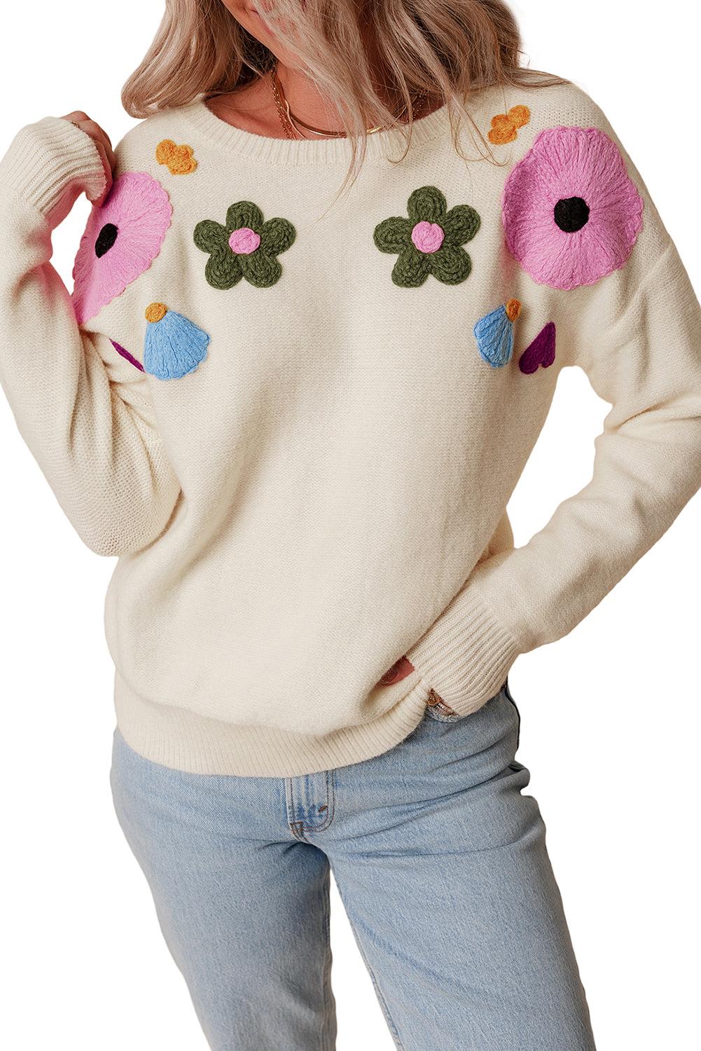 Embroidered Floral Knit Sweater Sweaters | Chuzko.com