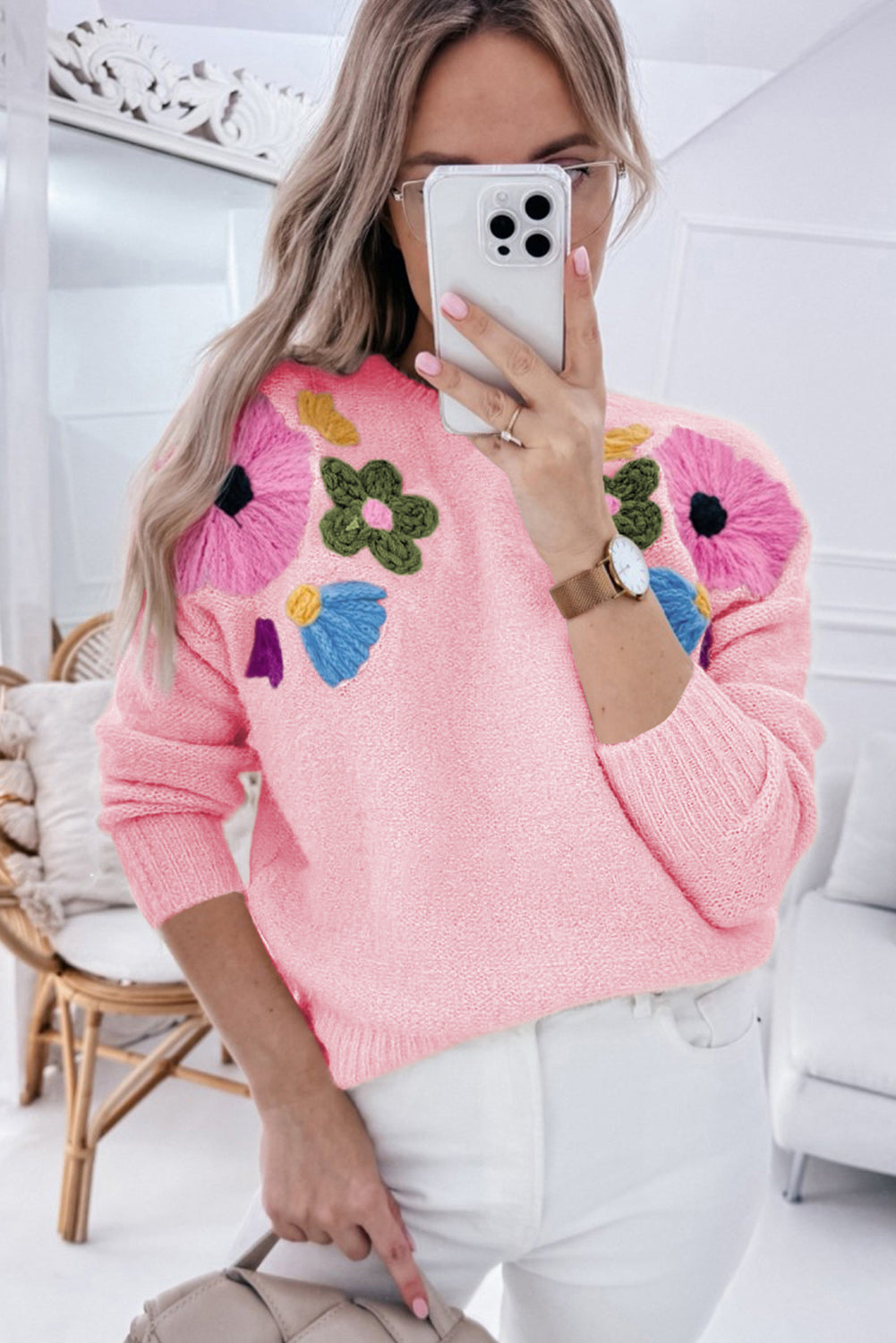 Embroidered Floral Knit Sweater Sweaters | Chuzko.com