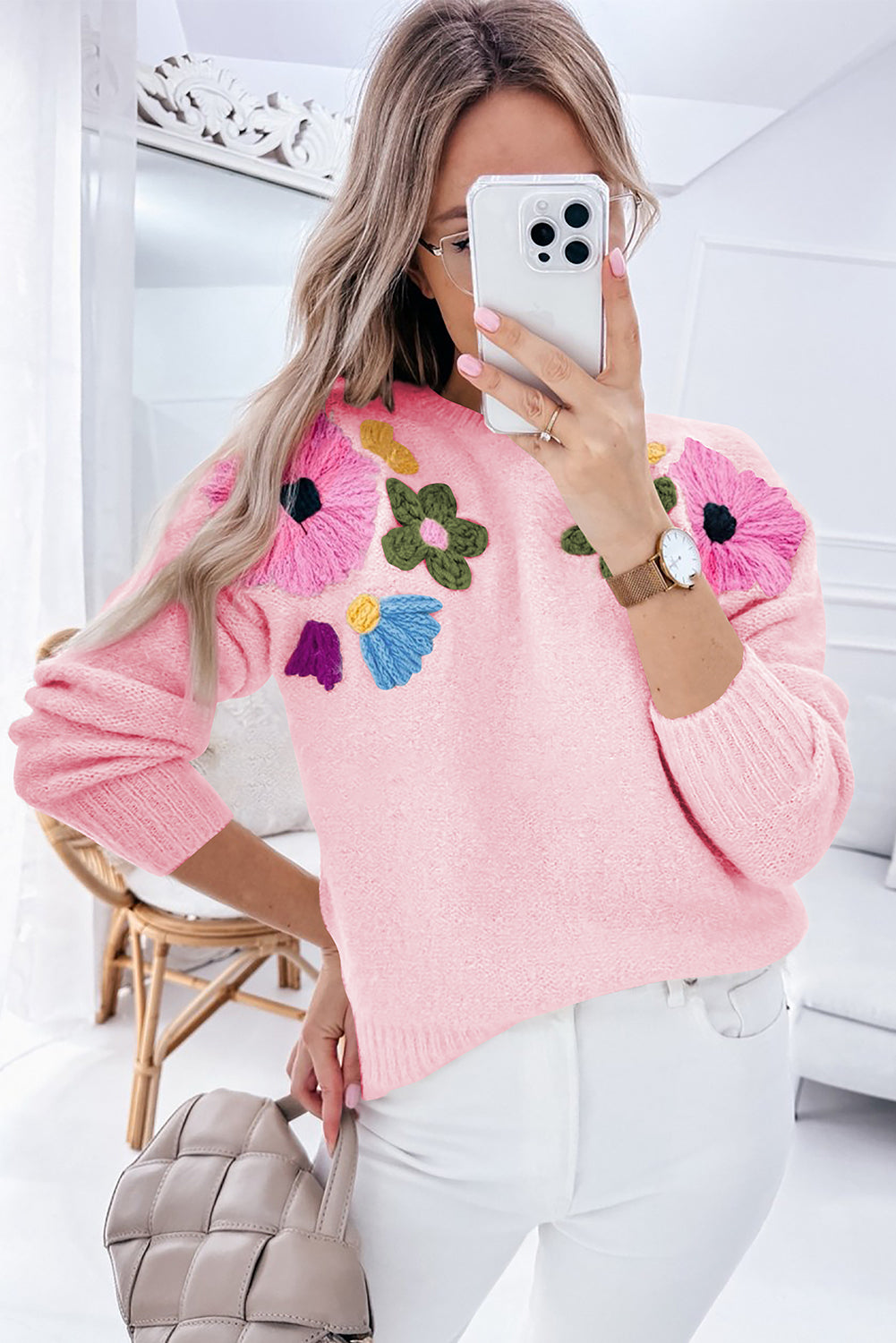 Embroidered Floral Knit Sweater Sweaters | Chuzko.com