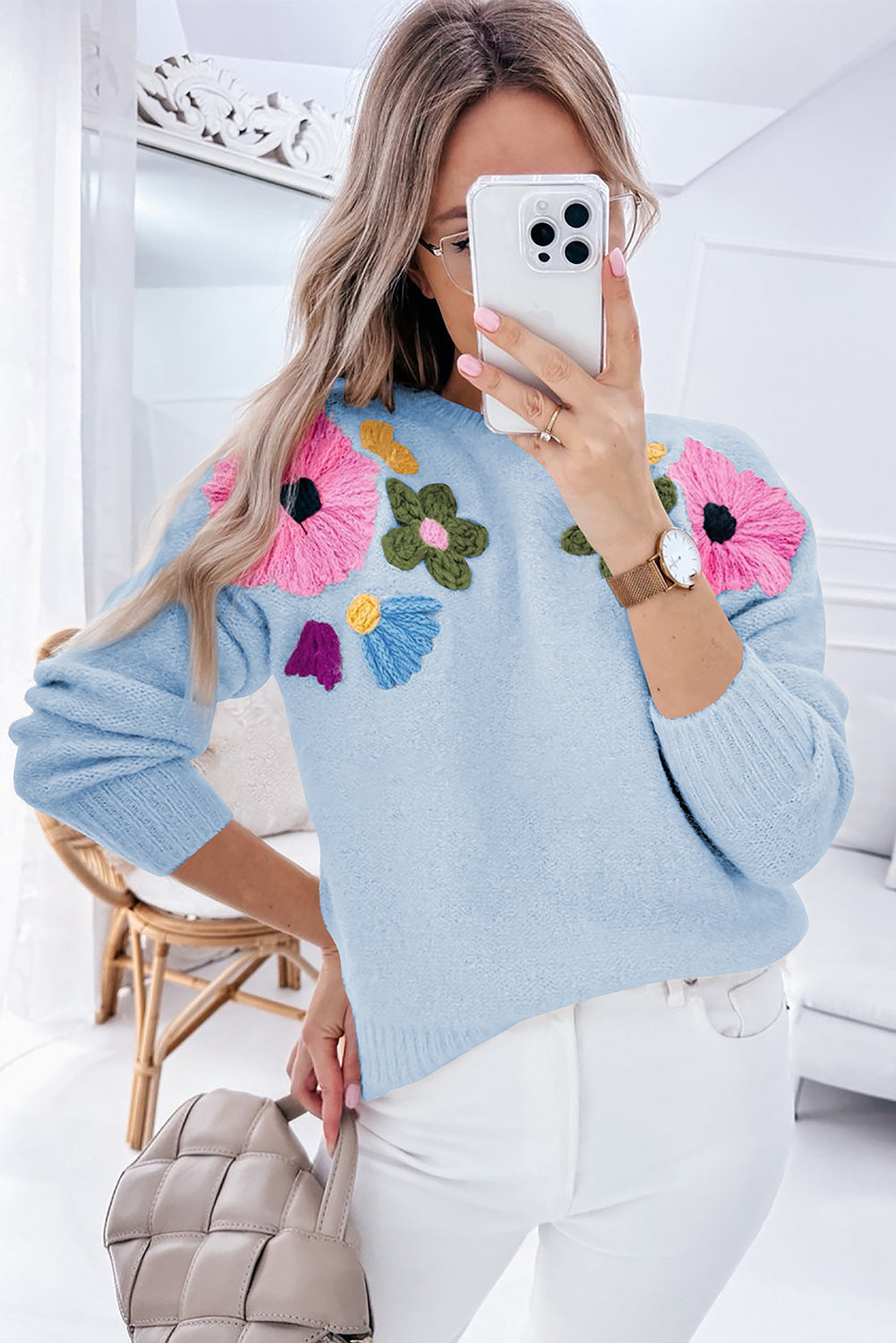 Embroidered Floral Knit Sweater Sweaters | Chuzko.com