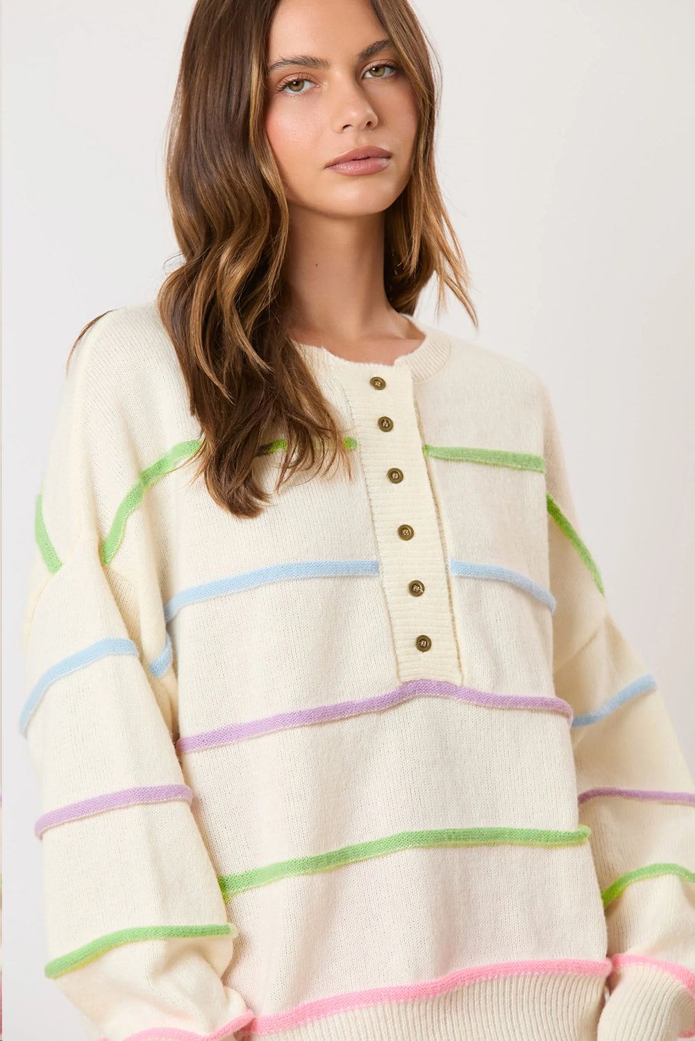 Pastel Striped Henley Sweater Drop Shoulder Knit Jumper Sweaters | Chuzko.com