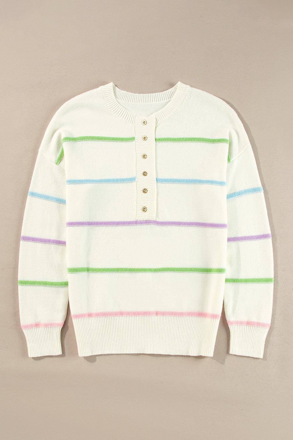 Pastel Striped Henley Sweater Drop Shoulder Knit Jumper Sweaters | Chuzko.com