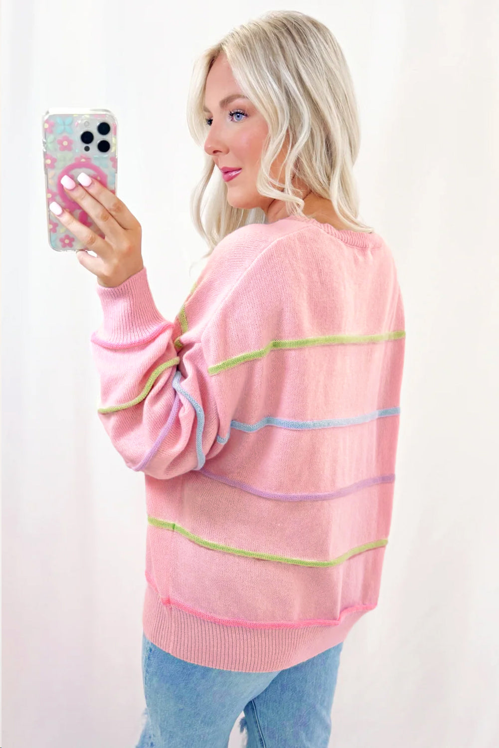 Pastel Striped Henley Sweater Drop Shoulder Knit Jumper Sweaters | Chuzko.com