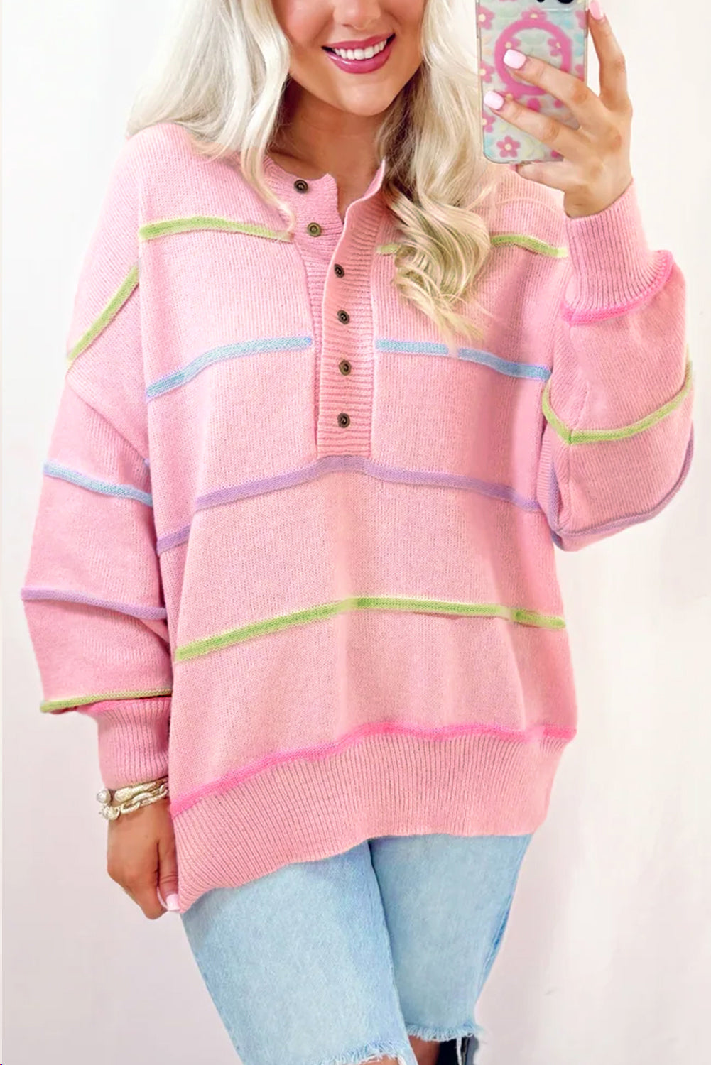 Pastel Striped Henley Sweater Drop Shoulder Knit Jumper Sweaters | Chuzko.com