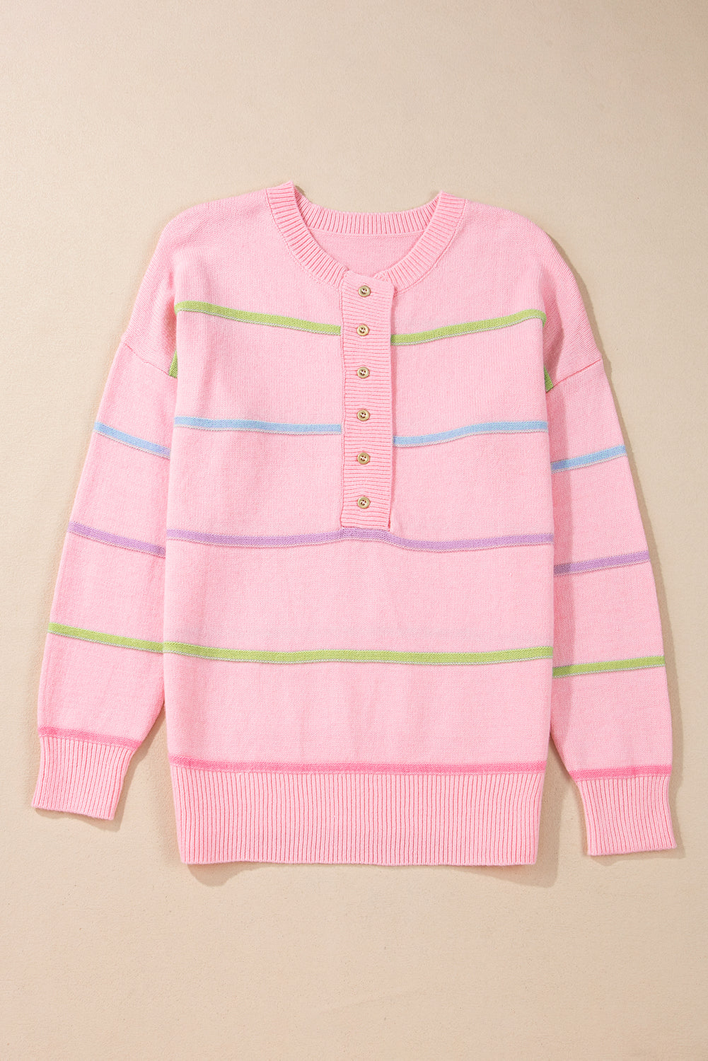 Pastel Striped Henley Sweater Drop Shoulder Knit Jumper Sweaters | Chuzko.com