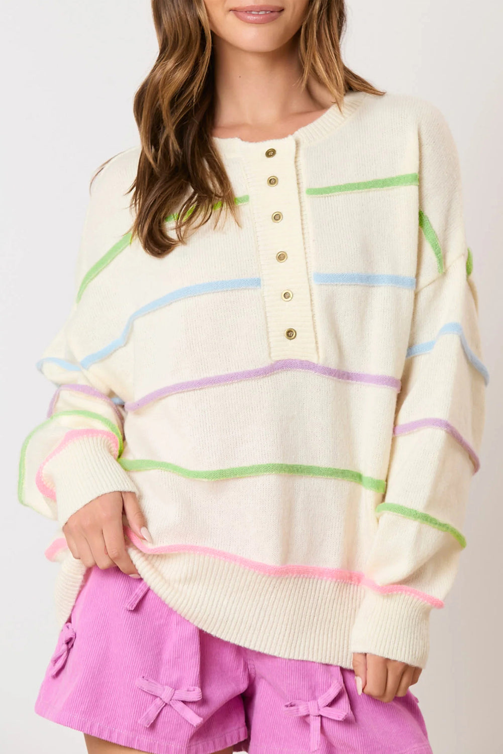 Pastel Striped Henley Sweater Drop Shoulder Knit Jumper Sweaters | Chuzko.com