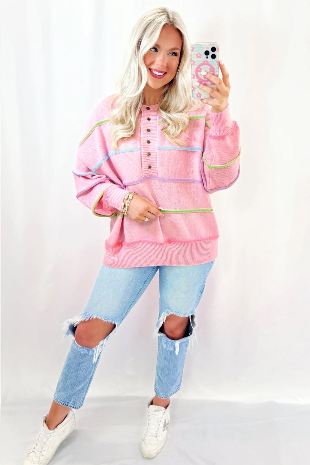 Pastel Striped Henley Sweater Drop Shoulder Knit Jumper Sweaters | Chuzko.com